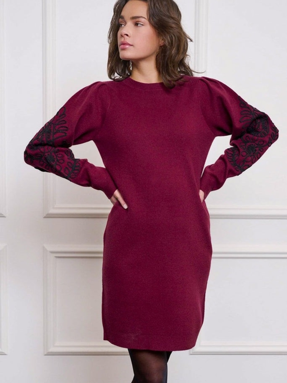 ESQUALO Wine Red Long Sleeve Knit Dress with Black Embroidered Sleeves